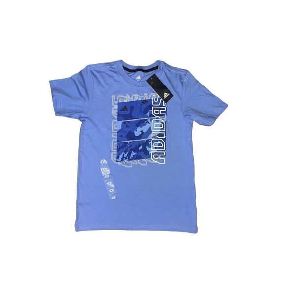 Adidas Logo Boys 10/12 Medium Pullover Graphic T Shirt Blue Short Sleeves NWT - Picture 1 of 2